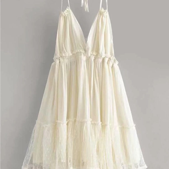 Boho Backless V Halter Swiss Dot Mini Dress - Picture 14 of 15